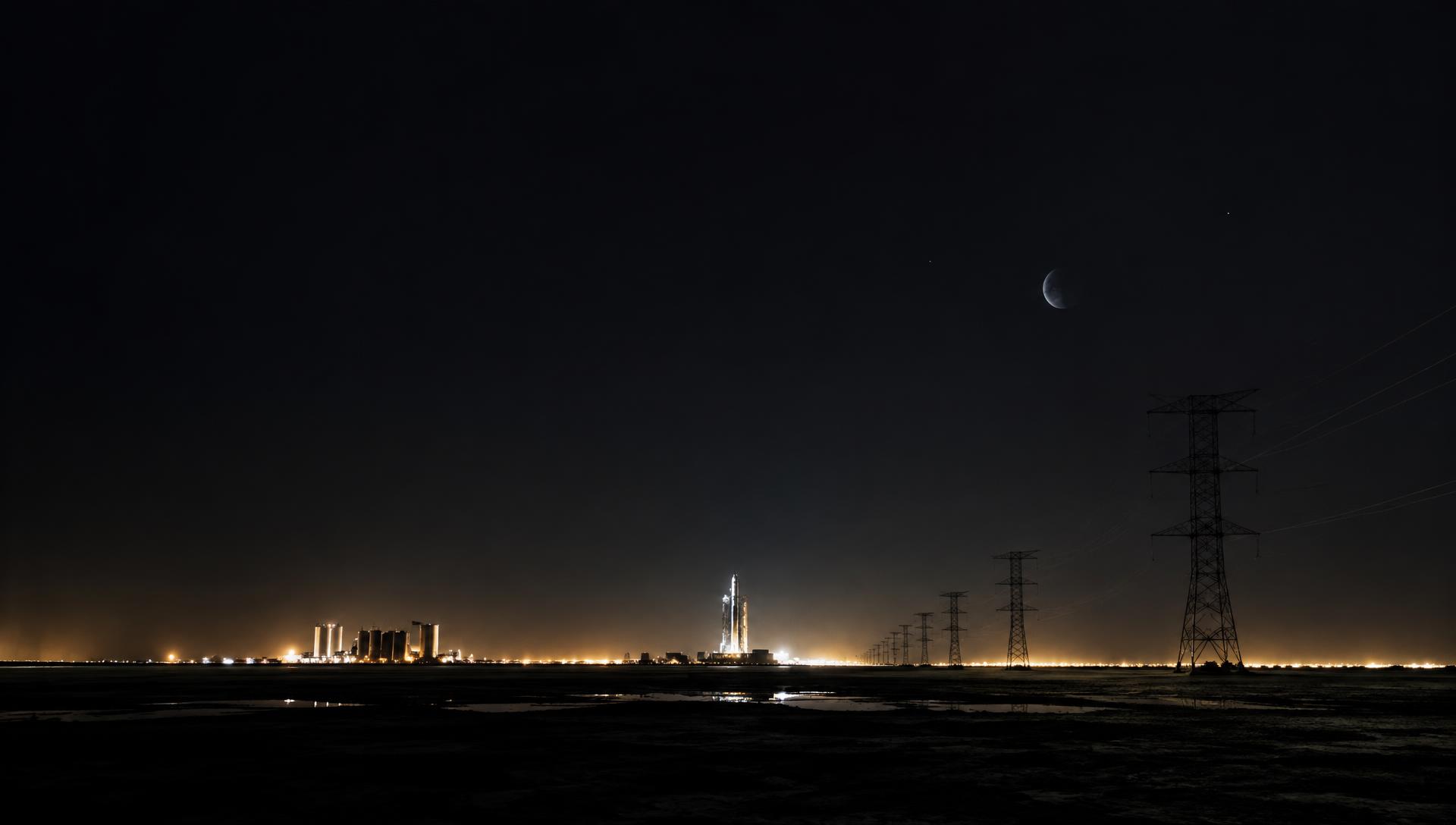 Night horizon with power infrastructure